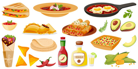 Traditional Mexican food dishes set. Vector illustration of tacos, burritos, salsa, guacamole, chili, and more