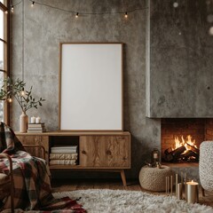 Blank frame on cabinet with fireplace and lights in a cozy living room interior setting design