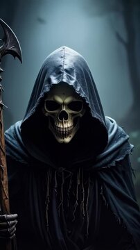 Cloaked skeletal figure holding a wooden staff in a misty forest, fantasy character, gothic aesthetic, dark scene