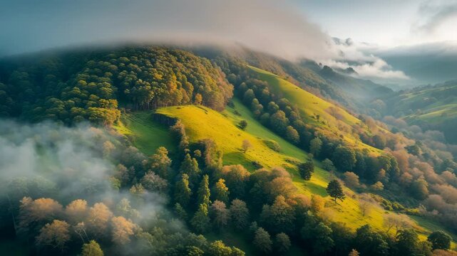 Aerial Journey Through Misty Woodland and Vibrant Hills in Enchanting Nature
