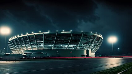 Entering vehicles leaving red light trails on roadway in front of lit stadium, under storm clouds - Powered by Adobe
