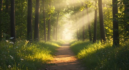 Sunlit Path Through a Lush Green Forest A Serene Nature Scene
