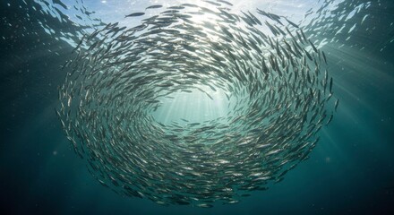 Mesmerizing school of fish swimming in a circular formation beneath the ocean surface