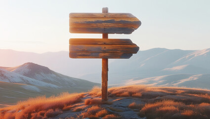 A wooden direction sign standing prominently on a grassy hill, bathed in the soft glow of early morning light.
