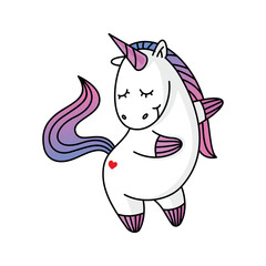 A cheerful unicorn is happily dancing with its whimsical, colorful mane flowing and a heart design on its body. This character embodies magic and joy, appealing to all ages