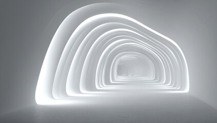 Obraz premium Abstract tunnel, bathed in soft white light, featuring a series of arches, creating a sense of depth and spaciousness
