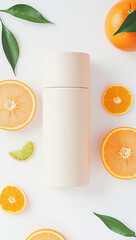 A sleek, pale container surrounded by vibrant orange slices, a whole orange, and green leaves.