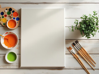 A blank canvas positioned prominently in the center, surrounded by vibrant paint colors in bowls