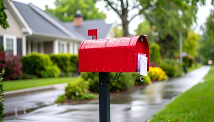 Red mailbox with raised flag on a rainy suburban street, outgoing mail visible