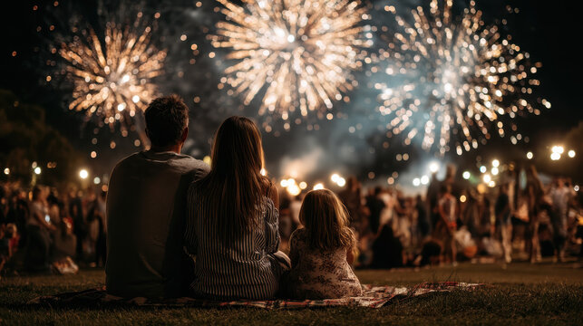 Family Enjoying Summer Holiday Together While Watching Beautiful Fireworks Display at Night Festival