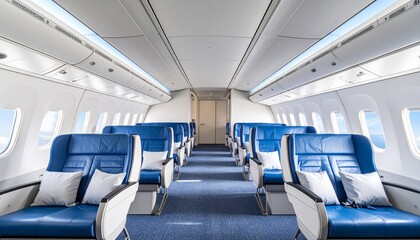 Obraz premium Business class airplane cabin with blue leather seats and white pillows, modern comfort in flight