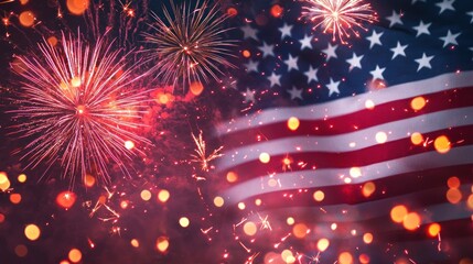 A vibrant display of fireworks against a backdrop of the American flag, with a patriotic theme.
