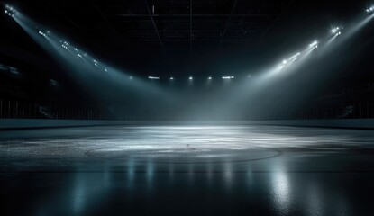 Empty ice rink arena lit by spotlights. 