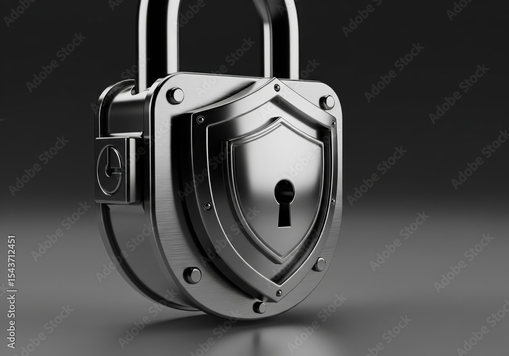 Poster secure digital privacy lock. a gleaming metallic security device symbolises robust data protection a