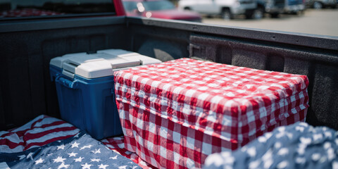 Red and white checkered cooler in truck bed with flag and blue cooler