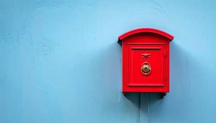 Red mailbox with a curved top mounted on a vibrant blue wall