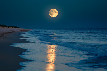 a full moon is shining over the ocean