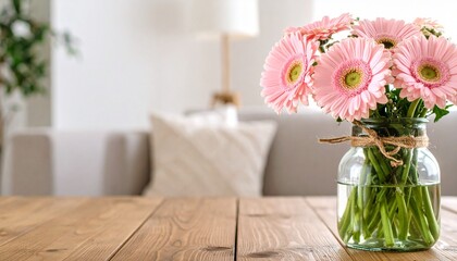 Pink gerbera daisies in a twine-tied vase on a wooden table