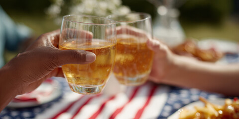 Obraz premium Two people clinking glasses over picnic table with patriotic tablecloth