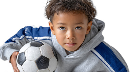 Young Football Player Ready for the Game: Portrait of a focused young boy holding a soccer ball, his eyes reflecting determination and passion for the sport.