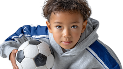 Young Football Player Ready for the Game: Portrait of a focused young boy holding a soccer ball, his eyes reflecting determination and passion for the sport.