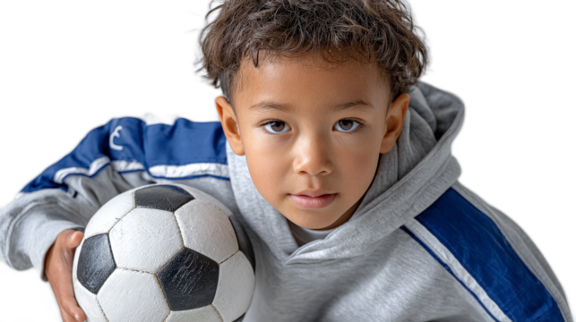 Young Football Player Ready for the Game: Portrait of a focused young boy holding a soccer ball, his eyes reflecting determination and passion for the sport.