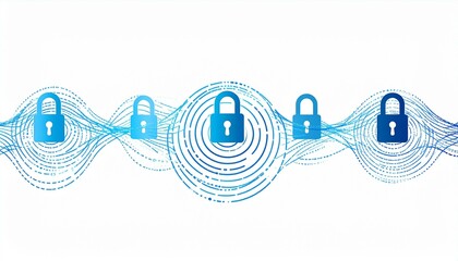The image displays five blue padlock icons set against a white background, accented with stylized, abstract dashed lines to portray security and digital data
