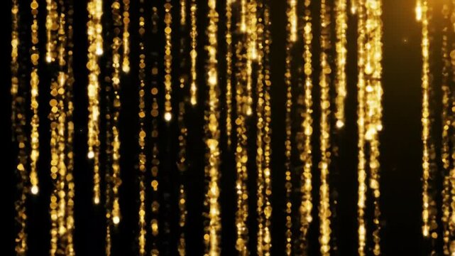 golden glitter particles falling in vertical lines, light curtain effect, luxury dark background, shimmering sparkles raining down, elegant event backdrop, 4K