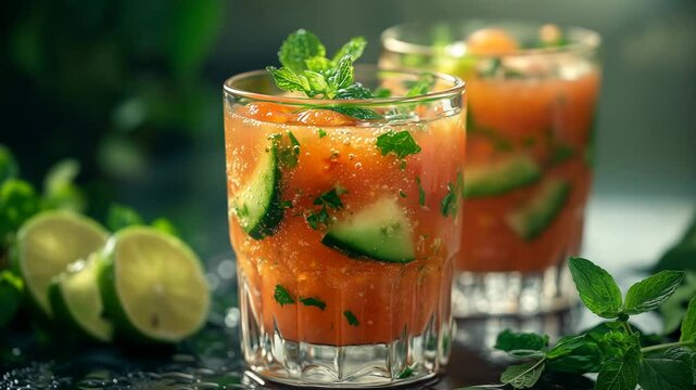 Bright glasses filled with vibrant gazpacho showcase a blend of fresh vegetables and herbs. Mint leaves and cucumber slices float on top, making for a perfect summer treat in a garden setting.