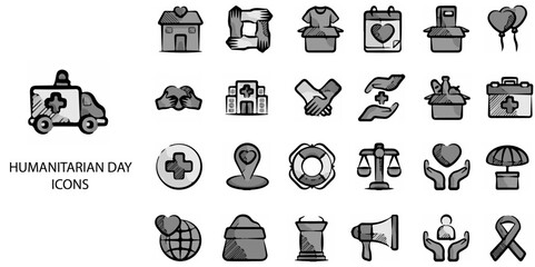Humanitarian Day simple concept 24 hand drawn grew color icons set .Vector illustration.