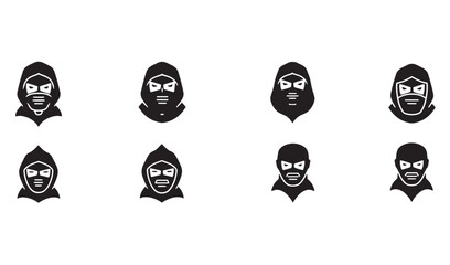 Vector illustration of masked characters in a black and white simplistic design with different variations