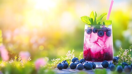 A chilled blueberry mint lemonade, with blueberries and mint leaves, in a vibrant garden setting with empty space for text