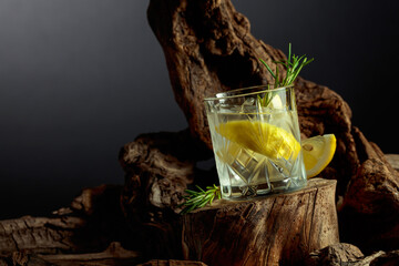 Gin and tonic cocktail with lemon slices, ice and a sprig of rosemary.