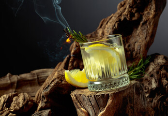 Cocktail gin and tonic with lemon slices and sprig of rosemary.