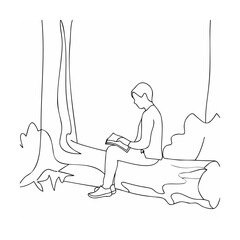 Person Reading Book Sitting on Tree Trunk Line Art Black and White