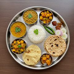 Authentic Indian vegetarian thali meal with curry, rice, roti, and side dishes. Colorful and traditional Indian cuisine in a top-down view.