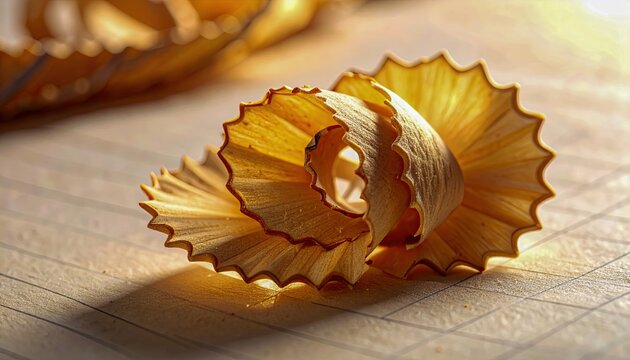 Macro of a curled pencil shaving spiral with fine wood grain, cast shadow on notebook paper, golden sunlight making the edge glow like a miniature sculpture. - Powered by Adobe
