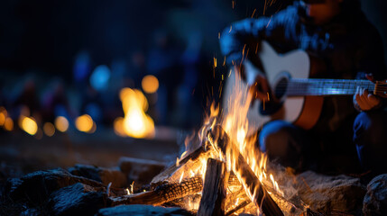 Friends Enjoying Music Around a Warm Bonfire Night with Guitar and Flames Illuminating the Scene