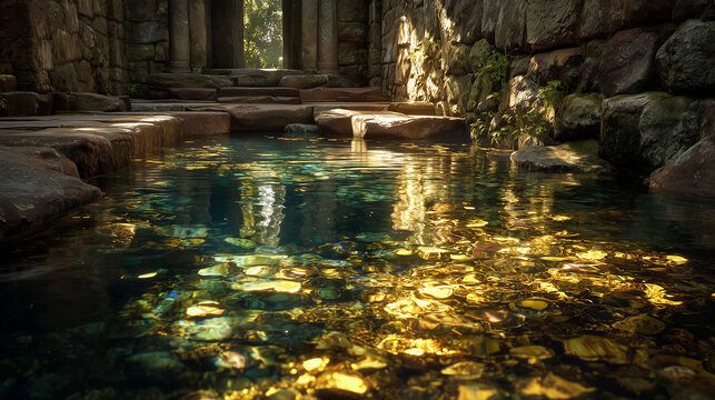 Amazing golden treasure underwater and beautiful architecture around.