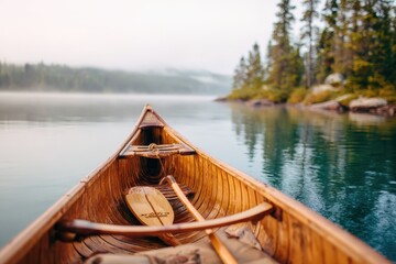 wooden canoe by calm misty lake early morning, paddle resting inside