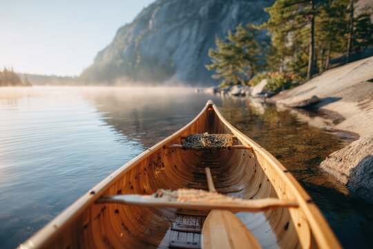 wooden canoe by calm misty lake early morning, paddle resting inside - Powered by Adobe