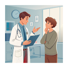 Obraz premium Doctor Explaining Diagnosis to Young Patient in Doctor's Office Cartoon