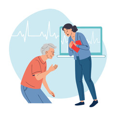 Nurse assisting elderly patient with chest pain, showing ECG graph