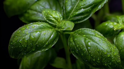 Fresh Basil Leaves with Water Droplets