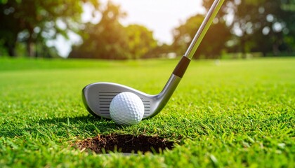Golf club about to putt a ball into the hole on a sunny green