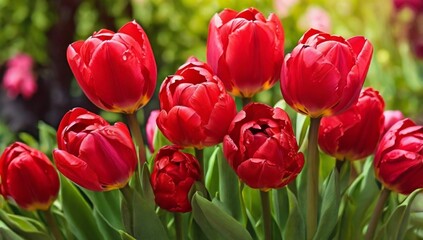 Obraz premium Bunch of red tulips. Close up spring flowers. Amazing red pink tulips blooming in garden. Tulip flower plants landscape. Spring blossom background. Spring blossom red and green background.