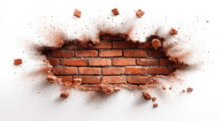 Fototapeta premium A hole punched through a brick wall, debris scattered