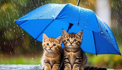 Two kittens huddled under a blue umbrella in the rain