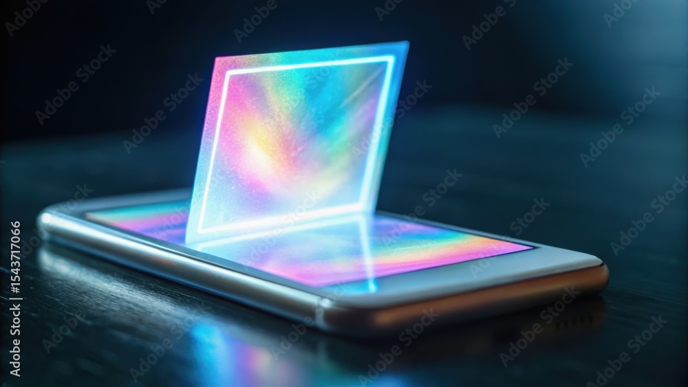 Poster a smartphone displays a holographic image that appears to float above the screen, showcasing vibrant