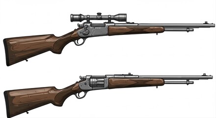 Two vintage hunting rifles illustrations with focus on detail and craftsmanship